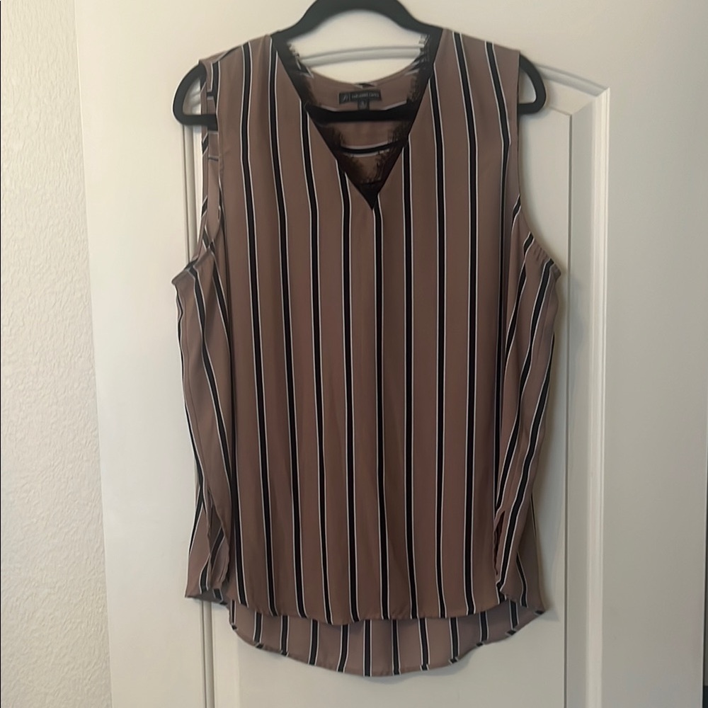 Striped Sleeveless Top - Brown and Black Lace Neckline - Adrianna Papell (XL)